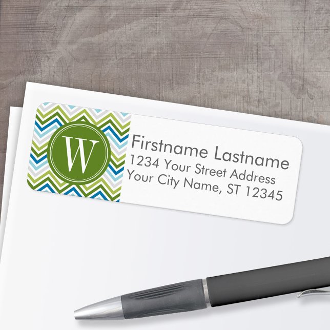 Emerald & Teal Modern Chevron Pattern Monogram Label (Custom Return Address Labels - Low Minimum)