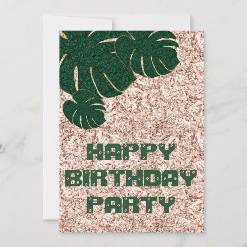 Emerald Tropical leaves on Rose Orange Jewel  Invitation