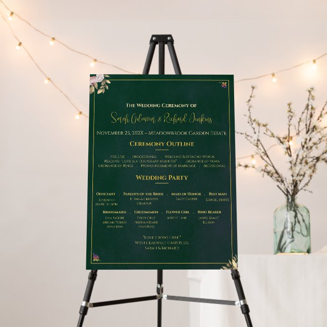 Emerald Velvet Wedding Program Board Double-Sided (In Situ (Stand))