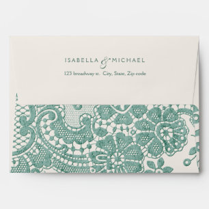 Emerald vintage lace rustic wedding return address envelope