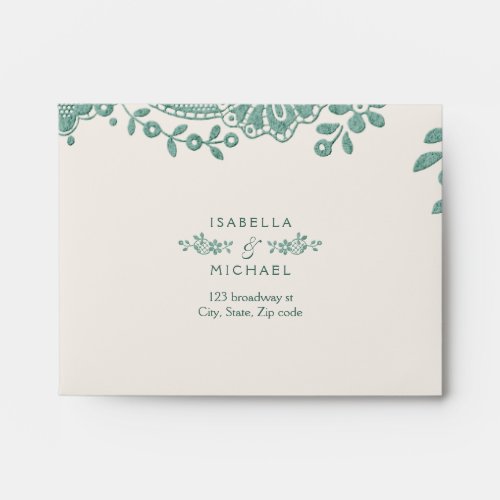 Emerald vintage lace rustic wedding RSVP Envelope