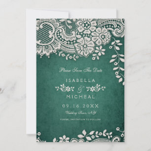 Emerald vintage lace rustic weddng save the date