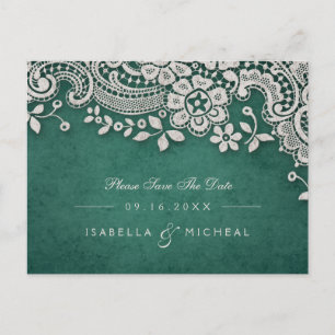 Emerald vintage lace rustic weddng save the date announcement postcard