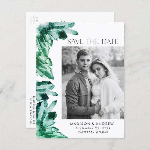 Emerald Watercolor Crystal Photo Save the Date Announcement Postcard