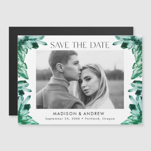 Emerald Watercolor Crystals Photo Save the Date Magnetic Invitation