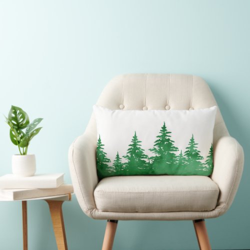 Emerald Watercolor Evergreen Trees Lumbar Pillow