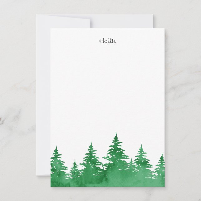 Emerald Watercolor Evergreen Trees Note Card (Front)