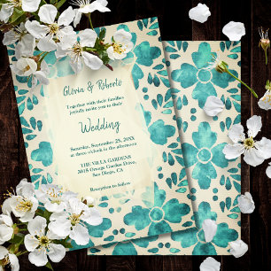 Emerald Watercolor Floral Mosaic Mexican Wedding  Invitation