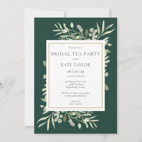 Emerald Watercolor Greenery Bridal Tea Party Invitation