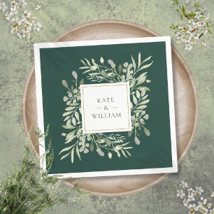 Emerald Watercolor Greenery Gold Napkins