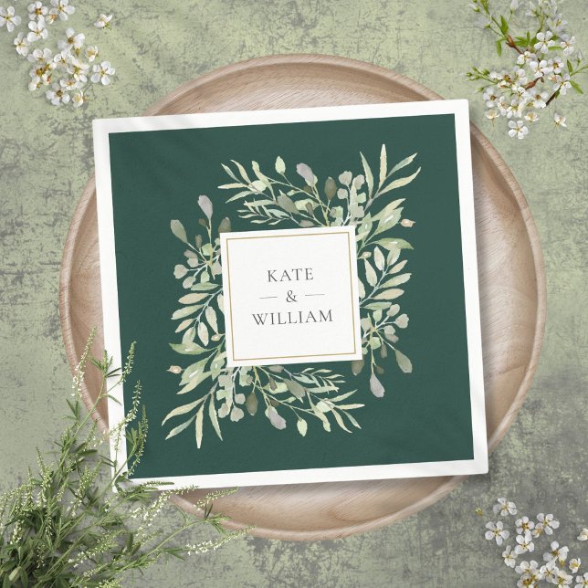 Emerald Watercolor Greenery Gold Napkins (Emerald Watercolor Greenery Gold Napkins)