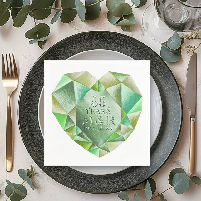  Emerald Watercolor Heart 55th Wedding Anniversary Napkins (Creator Uploaded)