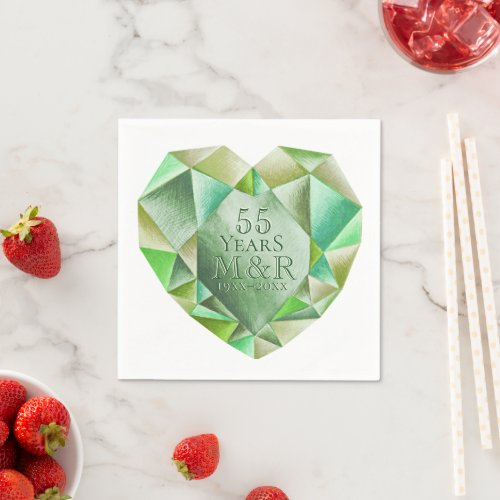  Emerald Watercolor Heart 55th Wedding Anniversary Napkins