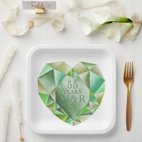  Emerald Watercolor Heart 55th Wedding Anniversary Paper Plates