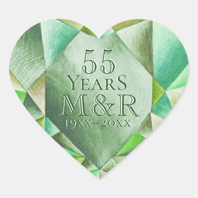  Emerald Watercolor Heart 55th Wedding Anniversary Sticker (Front)