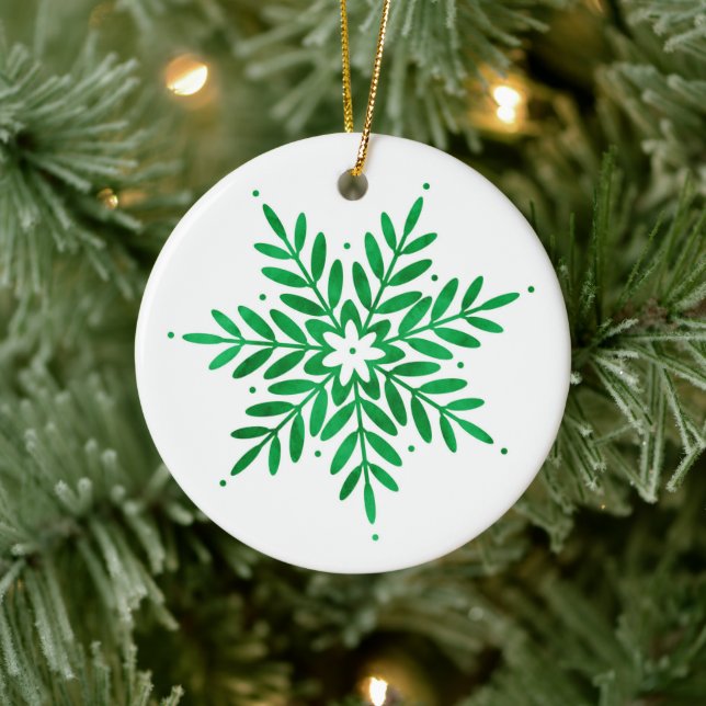 Emerald Watercolor Snowflake Ceramic Ornament (Tree)