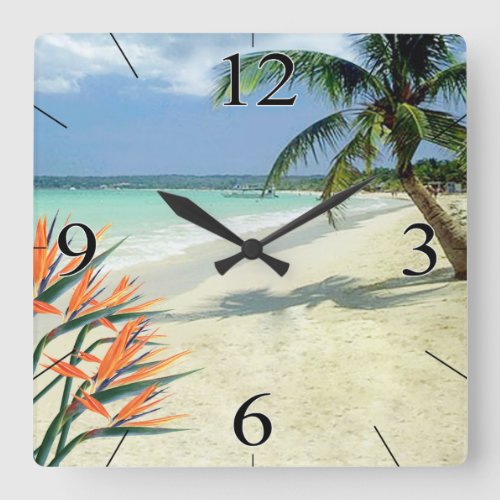Emerald Waters Bird of Paradise Beach Square Wall Clock