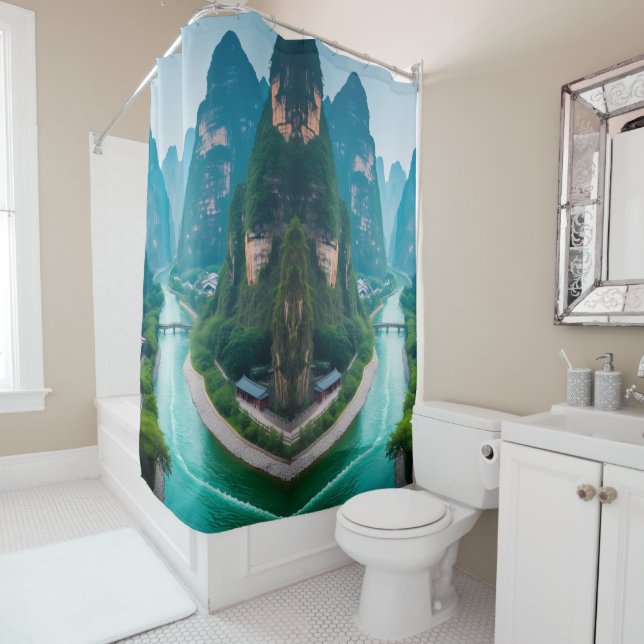 Emerald Waters & Mountain Views – Scenic Bathroom  Shower Curtain (In Situ)
