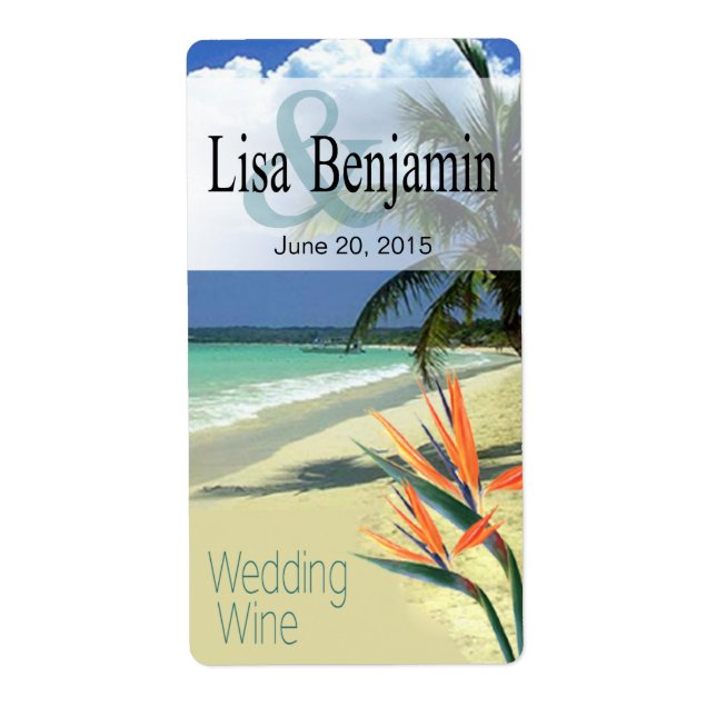 Emerald Waters Tropical Beach Wedding Wine Label (Front)