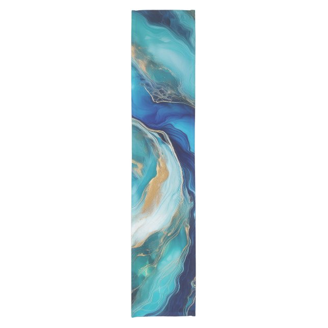 Emerald Waves: Cobalt and Teal Blue Abstractions Short Table Runner (Front)