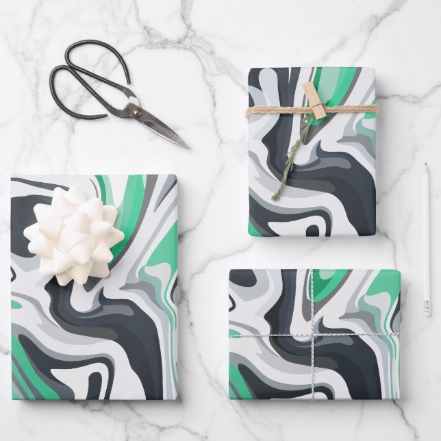 Emerald Waves in Abstract Fluid Art Wrapping Paper Sheets (Front)