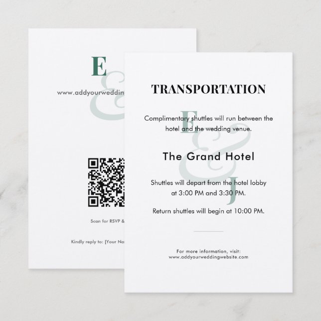 Emerald Wedding Transportation Details Card | QR (Front/Back)