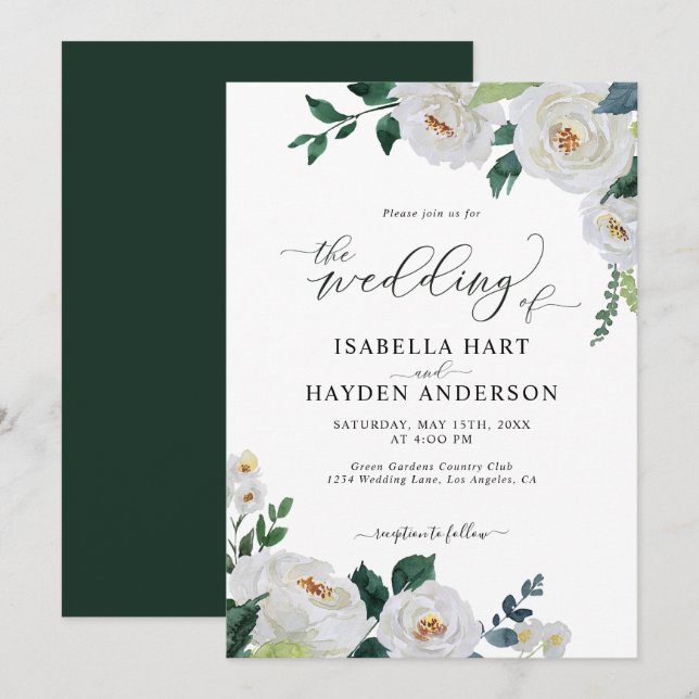 Emerald White Elegant Floral Watercolor Wedding Invitation (Front/Back)