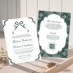Emerald White Lace Coquette Bow QR Code Wedding Invitation