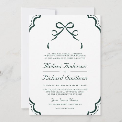 Emerald White Lace Coquette Bow QR Code Wedding Invitation