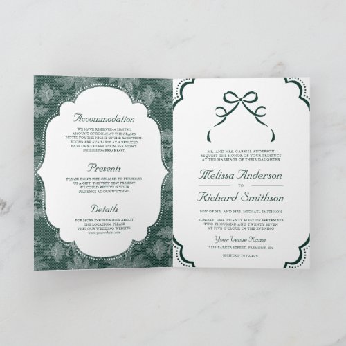 Emerald White Lace Coquette Bow QR Code Wedding Invitation