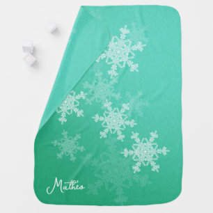 Emerald White Snowflakes Minimalist Christmas Name Baby Blanket