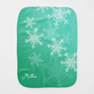 Emerald White Snowflakes Minimalist Christmas Name Baby Burp Cloth