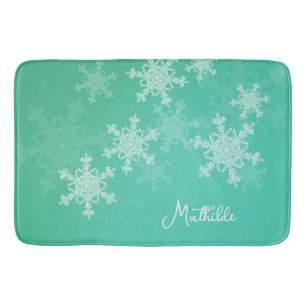 Emerald White Snowflakes Minimalist Christmas Name Bath Mat