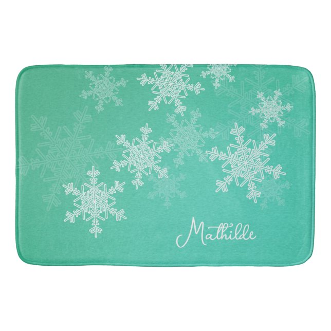 Emerald White Snowflakes Minimalist Christmas Name Bath Mat (Front)