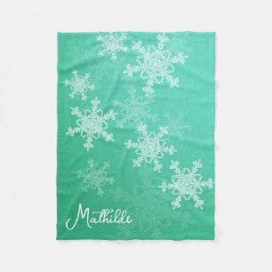 Emerald White Snowflakes Minimalist Christmas Name Fleece Blanket