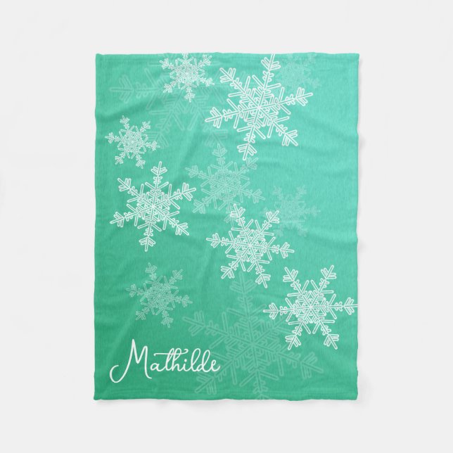 Emerald White Snowflakes Minimalist Christmas Name Fleece Blanket (Front)