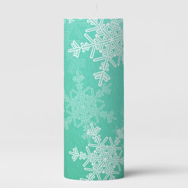 Emerald White Snowflakes Minimalist Christmas Pillar Candle (Front)