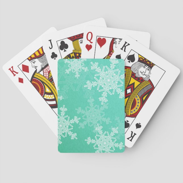 Emerald White Snowflakes Minimalist Christmas Poker Cards (Back)