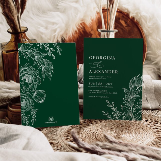 Emerald White Vintage Botanical Floral Wedding Invitation (Creator Uploaded)