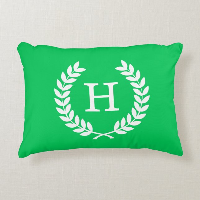 Emerald White Wheat Laurel Wreath Initial Monogram Accent Pillow (Front)