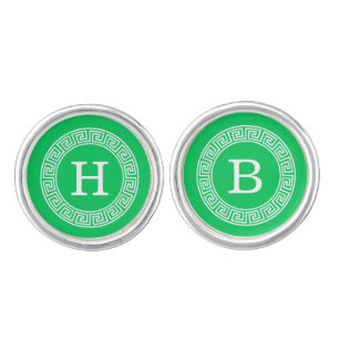 Emerald Wht Greek Key Rnd Frame Initial Monogram Cufflinks