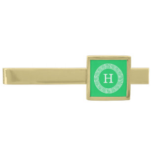 Emerald Wht Greek Key Rnd Frame Initial Monogram Gold Finish Tie Clip