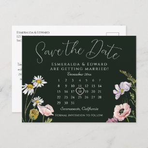 Emerald Wild Flower Wedding Calendar Save The Date Announcement Postcard