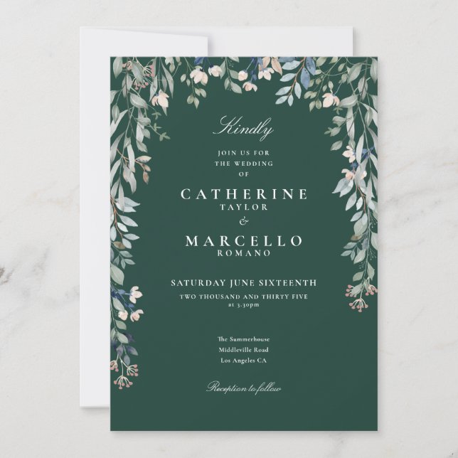 Emerald Wildflowers Watercolor Floral Wedding Invitation (Front)