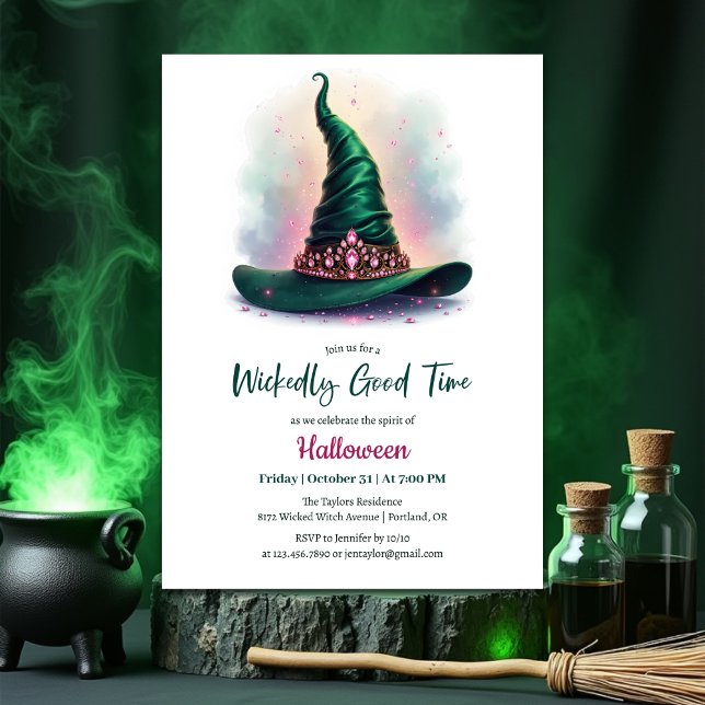 Emerald Witch Hat Wickedly Good Time Halloween Invitation (Wickedly Good Time Halloween Party Invitation – Emerald Witch Hat & Pink Jewels)
