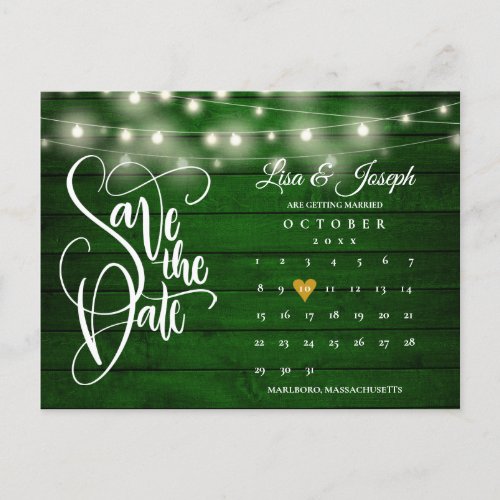 Emerald Wood String Lights Calendar Save the Date Announcement Postcard