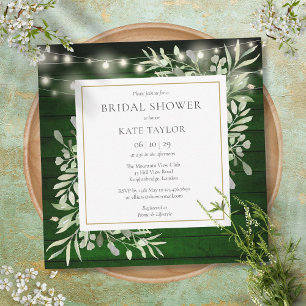 Emerald Wood String Lights Greenery Bridal Shower Invitation