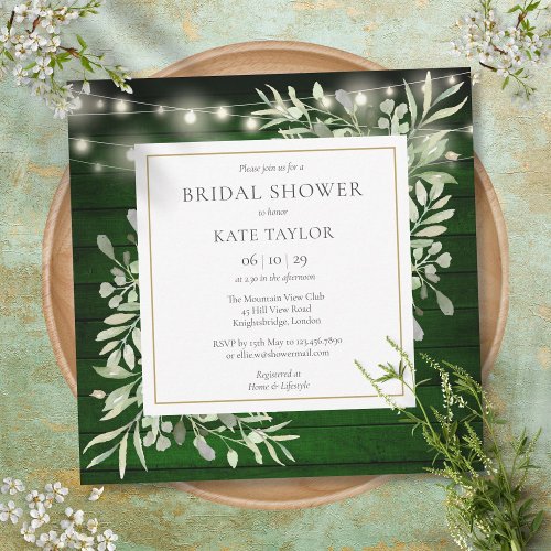 Emerald Wood String Lights Greenery Bridal Shower Invitation