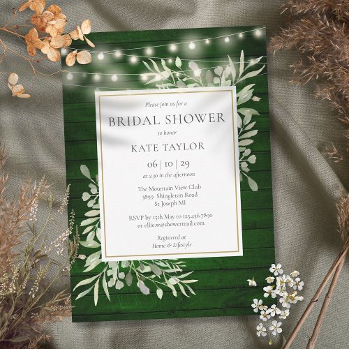 Emerald Wood String Lights Greenery Bridal Shower Invitation
