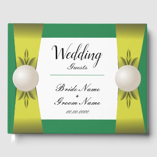 Emerald & Yellow Pearl Ribbon Monogram Wedding Guest Book